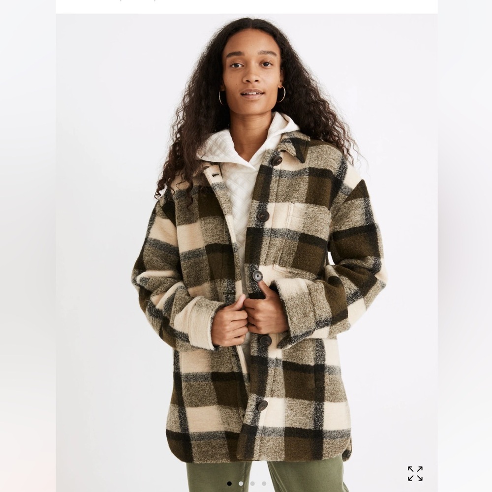 Madewell Belrose Shirt-jacket Wool Blend In Maran Plaid Green Black Ivory LG NWT